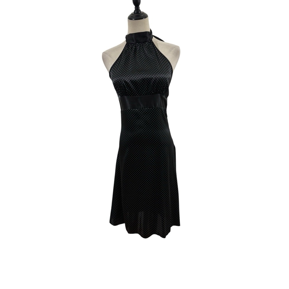 Vtg 90s‎ Y2K Forever Black Satin Halter Dress Sz S Polka Dot Swing Pinup Retro
